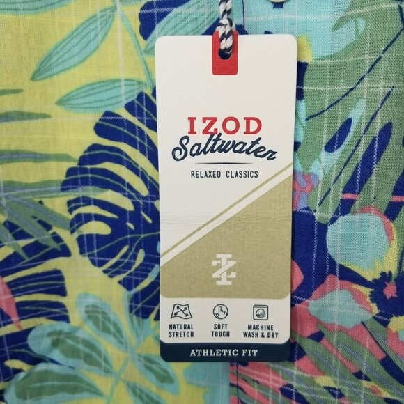 IZOD Mens S Short Sleeve Cotton Floral Hawaiian Button Up Shirt Yellow Blue Pink - Picture 3 of 12